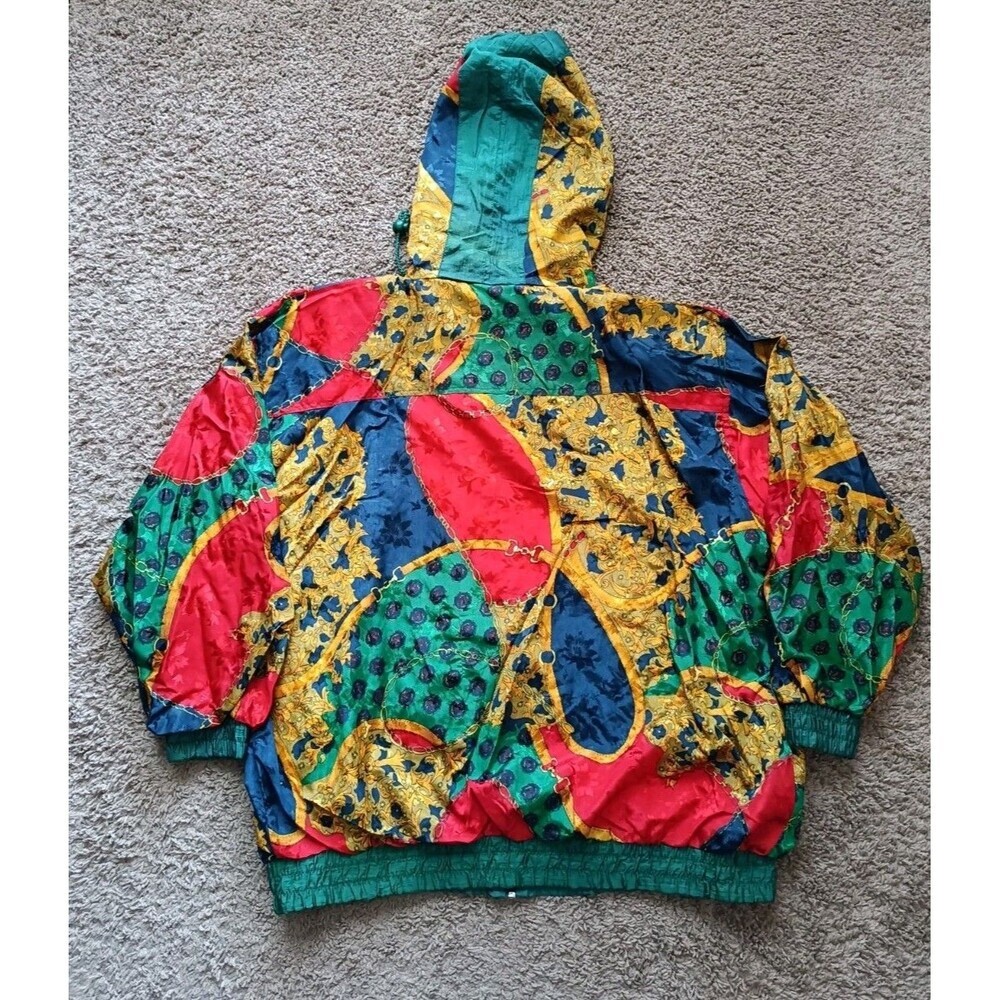 Vintage Windbreaker Jacket Women's Medium Green Baroque Full Zip Hooded 90s - Picture 6 of 8